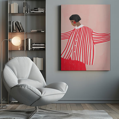 A stylized illustration of a person with a short black bob haircut, wearing an oversized, vertically striped red and white shirt. They are looking down and to the side against a solid light pink background, with their arms outstretched. Artwork