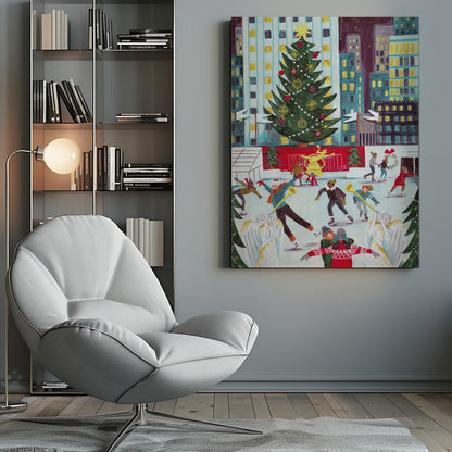 A festive, colorful painting of a bustling city ice rink at Christmas, with a giant decorated tree towering over skaters against a backdrop of illuminated skyscrapers at night. Print