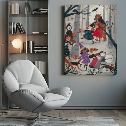 A whimsical, illustrated nighttime scene of a Halloween parade through a forest. A group of children and animals in costumes, including a witch, a vampire, the grim reaper, and a large bear dressed as Dracula, march and play instruments like violins and a drum. They carry jack-o'-lantern buckets under a full moon with bats and a crow nearby. Decor