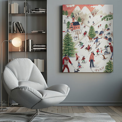 A whimsical watercolor illustration of a busy ski resort on a snowy mountain. People of all ages are skiing, snowboarding, sledding, and building a snowman, surrounded by decorated pine trees, a village with a church, deer, and dogs under a pink, snowy sky. Print