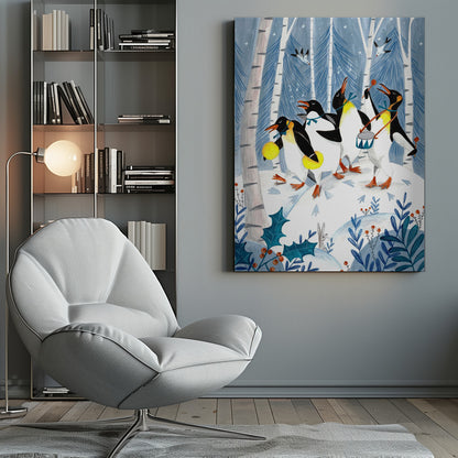 A whimsical painting of four penguins joyfully parading and playing music in a snowy winter forest. One penguin plays a drum, another shakes maracas, and two others sing, surrounded by birch trees, holly, and a small rabbit. Decor