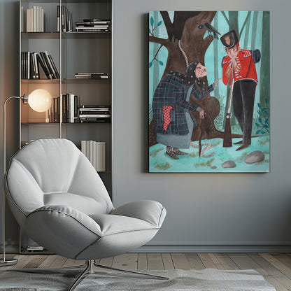 A stylized illustration of a fairytale scene in a forest, where an old woman with a long nose, wearing a dark plaid coat and headscarf, speaks to a soldier in a bright red uniform. The soldier leans on his rifle, listening, while a crow watches from a large tree behind them, from which a noose also hangs. Poster