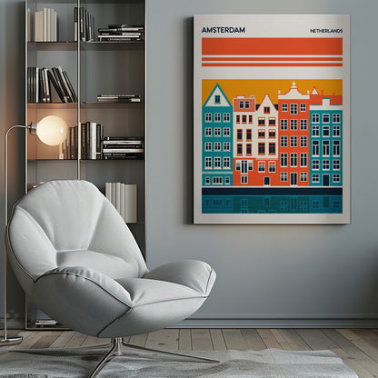 A minimalist travel poster for Amsterdam, Netherlands, featuring a stylized illustration of colorful canal houses in orange, teal, and off-white. The buildings are set against an orange sky and reflected in a dark blue canal below, with the text 'AMSTERDAM' and 'NETHERLANDS' at the top. Decor