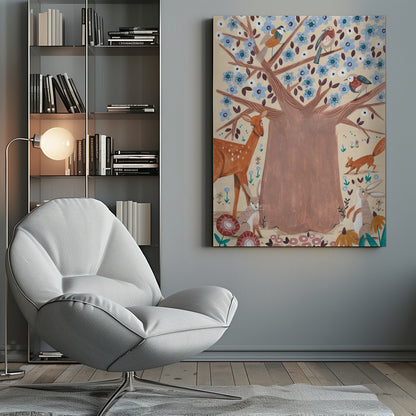 A whimsical folk art style illustration of a large brown tree with light blue blossoms. Various woodland creatures, including a deer, a squirrel, two rabbits, and three birds, are gathered around and in the tree against a cream-colored background. Artwork