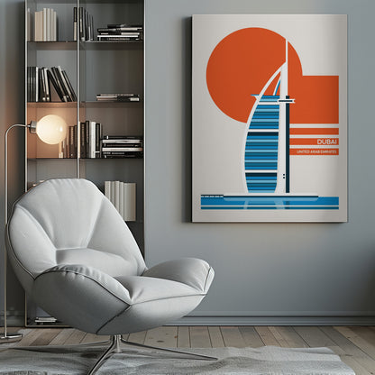 A minimalist travel poster of Dubai, featuring a stylized illustration of the Burj Al Arab hotel in shades of blue. A large orange circle, representing the sun, is in the background. The text 'DUBAI' and 'UNITED ARAB EMIRATES' is printed in white on orange bars to the right. The artwork is presented in a black frame. Artwork