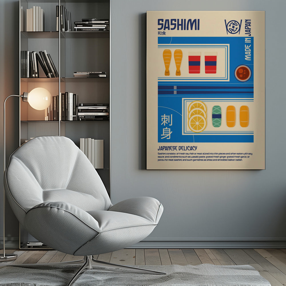 A vintage-style illustrated poster about Sashimi. The poster has a cream background with blue graphic blocks and text. It features illustrations of shrimp, fish slices, lemon, and soy sauce, along with the words 'SASHIMI', 'JAPANESE DELICACY', and 'MADE IN JAPAN'. Decor