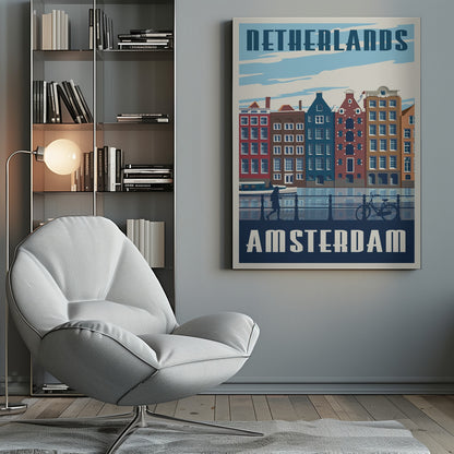 A vintage-style travel poster for Amsterdam, Netherlands. It depicts a row of colorful Dutch canal houses reflected in the water. In the foreground, there are silhouettes of a person walking and a bicycle leaning against a railing. The text 'NETHERLANDS' is at the top and 'AMSTERDAM' is at the bottom in a bold, stylized font. Print