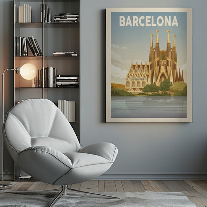 A vintage-style travel poster for Barcelona. The poster features a graphic illustration of the Sagrada Família church reflected in water in the foreground, with 'BARCELONA' written in bold white letters across the top against a blue sky. Poster