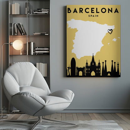 A vintage-style travel poster for Barcelona, Spain. The poster has a mustard yellow background, a white silhouette of the map of Spain with a heart marking Barcelona's location, and a black silhouette of the city's skyline at the bottom. The text 'BARCELONA' and 'SPAIN' is at the top in black font. Wall Art