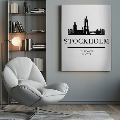 A minimalist black and white framed poster featuring a silhouette of the Stockholm skyline. Below the skyline, the word 'STOCKHOLM' is printed in large, bold letters, followed by its geographical coordinates. Wall Art