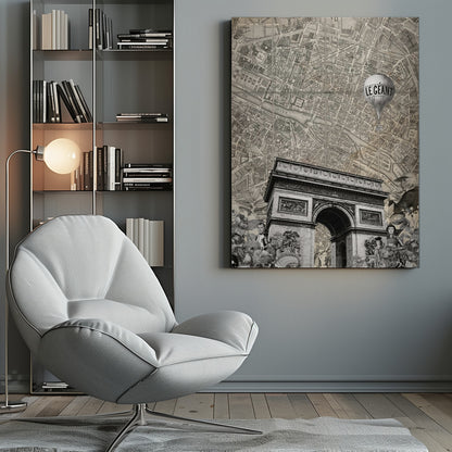 A vintage-style black and white collage featuring the Arc de Triomphe over a background of an old map of Paris. A hot air balloon with 'LE GEANT' written on it floats above, and the foreground includes various cutouts of flowers and historical figures. Artwork