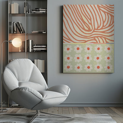 A modern abstract artwork with a split design. The top section features wavy, organic orange lines on a cream background, resembling wood grain. The bottom section is a pattern of simple white and orange flowers on a sage green background. Poster