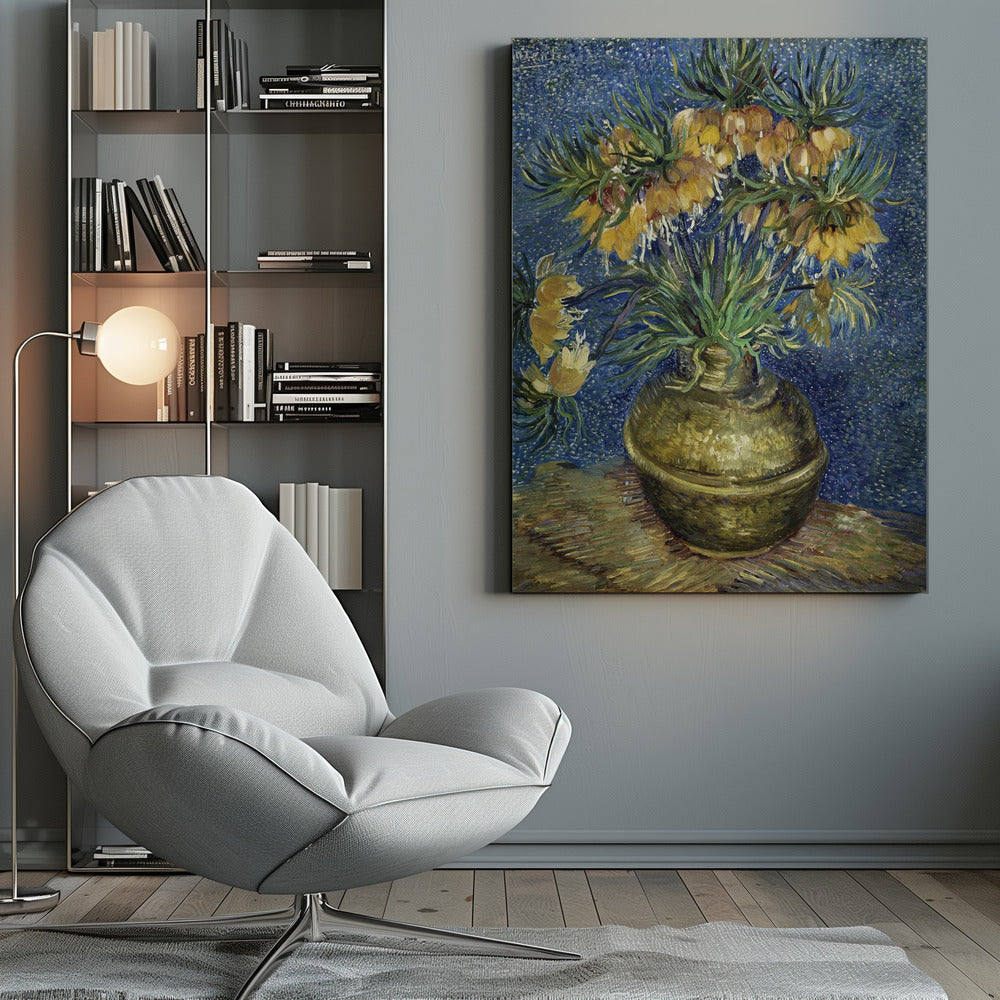 A post-impressionist still life painting by Vincent van Gogh featuring a bouquet of yellow Imperial Fritillaries with green leaves in a round copper vase against a vibrant, textured blue background. Artwork