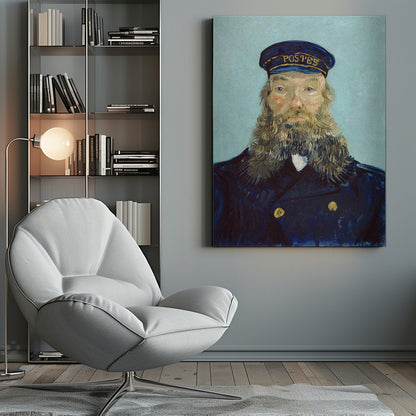 A post-impressionist portrait painting of a man with a long, thick beard wearing a dark blue postman's uniform and cap against a solid light blue background. The painting, by Vincent van Gogh, is characterized by its bold colors and visible brushstrokes. Decor