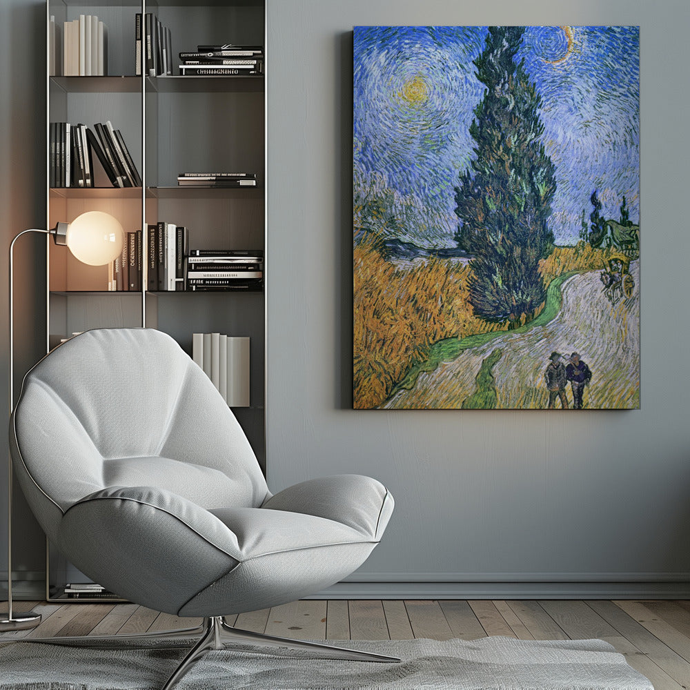 A framed print of Vincent van Gogh's painting 'Wheat Field with Cypresses.' The artwork features a towering, dark green cypress tree at the center, a golden yellow wheat field on the left, and a winding path with two figures and a horse-drawn cart. The sky is a dramatic swirl of blues, with a bright yellow sun and a crescent moon. Artwork