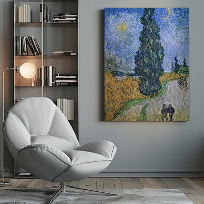 A framed print of Vincent van Gogh's painting 'Wheat Field with Cypresses.' The artwork features a towering, dark green cypress tree at the center, a golden yellow wheat field on the left, and a winding path with two figures and a horse-drawn cart. The sky is a dramatic swirl of blues, with a bright yellow sun and a crescent moon. Artwork