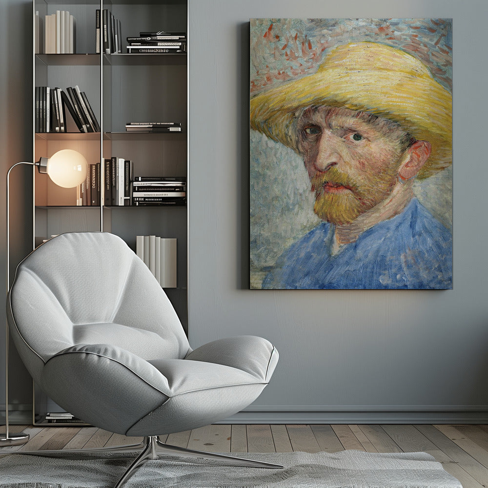 A framed Post-Impressionist self-portrait by Vincent van Gogh. The artist is depicted from the chest up, wearing a vibrant yellow straw hat and a blue smock. He has a reddish-blond beard and an intense, direct gaze. The background is a mix of light blue, white, and red-orange brushstrokes. Artwork