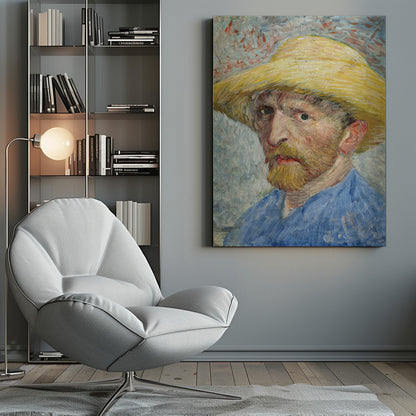 A framed Post-Impressionist self-portrait by Vincent van Gogh. The artist is depicted from the chest up, wearing a vibrant yellow straw hat and a blue smock. He has a reddish-blond beard and an intense, direct gaze. The background is a mix of light blue, white, and red-orange brushstrokes. Artwork