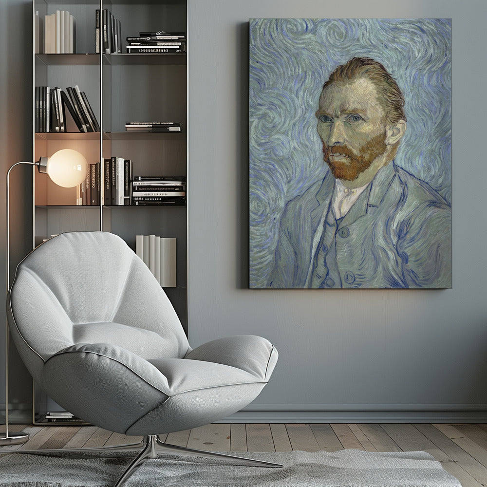 A framed post-impressionist self-portrait by Vincent van Gogh. He is depicted with a stern gaze, reddish hair and beard, and wearing a blue suit against a swirling light blue and white background, all rendered with thick, expressive brushstrokes. Print