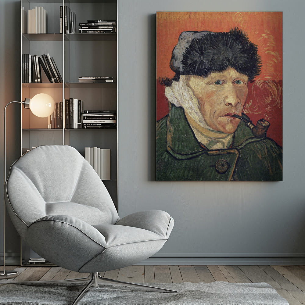 Vincent van Gogh's 'Self-Portrait with Bandaged Ear and Pipe', showing the artist in a green coat and dark hat, with a bandage on his ear, smoking a pipe against a bright red-orange background. Wall Art