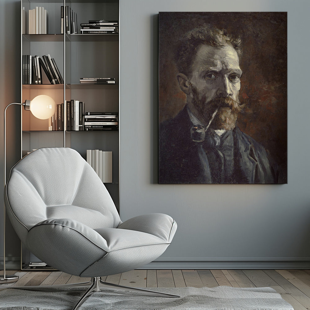 A framed, dark, and moody oil painting of Vincent van Gogh's self-portrait. He looks directly at the viewer with an intense expression, a pipe held in his mouth. He has a reddish beard and mustache and is wearing a dark suit against a dark brown, textured background. Decor