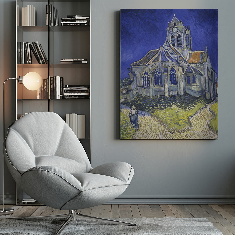 A post-impressionist painting by Vincent van Gogh, 'The Church at Auvers.' The artwork features a large, slightly distorted church under a turbulent, deep blue sky. A lone figure of a woman walks on a path in the foreground, which is rendered in strokes of green, yellow, and earth tones, typical of Van Gogh's expressive style. Artwork