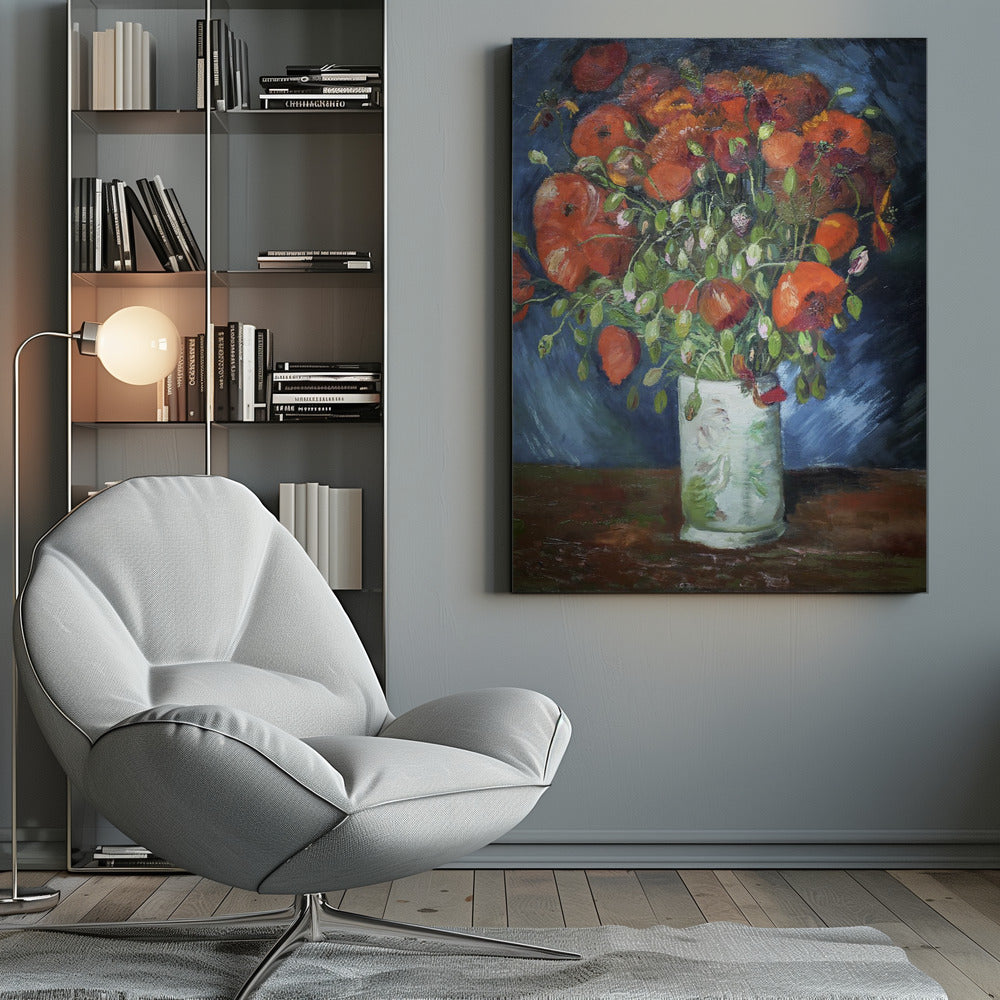 An impressionist-style oil painting of a vibrant bouquet of red and orange poppies in a white patterned vase, set against a dark blue and brown background, enclosed in a simple black frame. Artwork