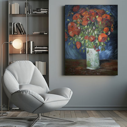 An impressionist-style oil painting of a vibrant bouquet of red and orange poppies in a white patterned vase, set against a dark blue and brown background, enclosed in a simple black frame. Artwork