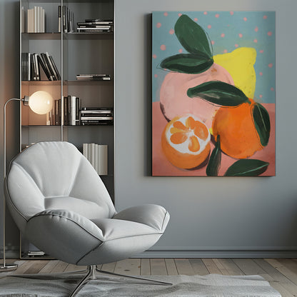 A colorful, painterly still life of various citrus fruits, including a vibrant orange, a halved orange, a pink grapefruit, and a yellow lemon, all with dark green leaves. The background features a peachy-pink surface and a light blue wall with pink polka dots. Artwork