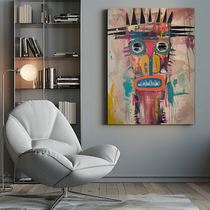 A vibrant, neo-expressionist abstract painting of a crowned figure's head. The face is composed of bold shapes and colors, including large turquoise-ringed eyes with black scribbles, a pink triangular nose, and an orange mouth with stitch-like teeth. A jagged black crown sits atop the head. The background is a mix of pink and beige washes, with energetic brushstrokes and drips throughout, creating a raw, graffiti-like aesthetic. Poster