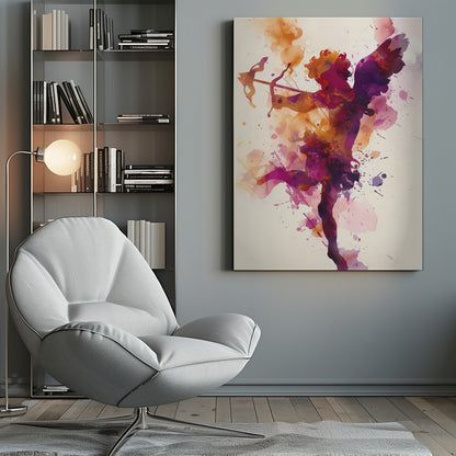 A vibrant watercolor painting of Cupid shown in silhouette. The figure of the winged god of love is filled with a blend of purple, pink, and orange hues, with splatters of paint creating a dynamic effect. He is aiming a bow and arrow, set against a plain off-white background and framed in black. Poster
