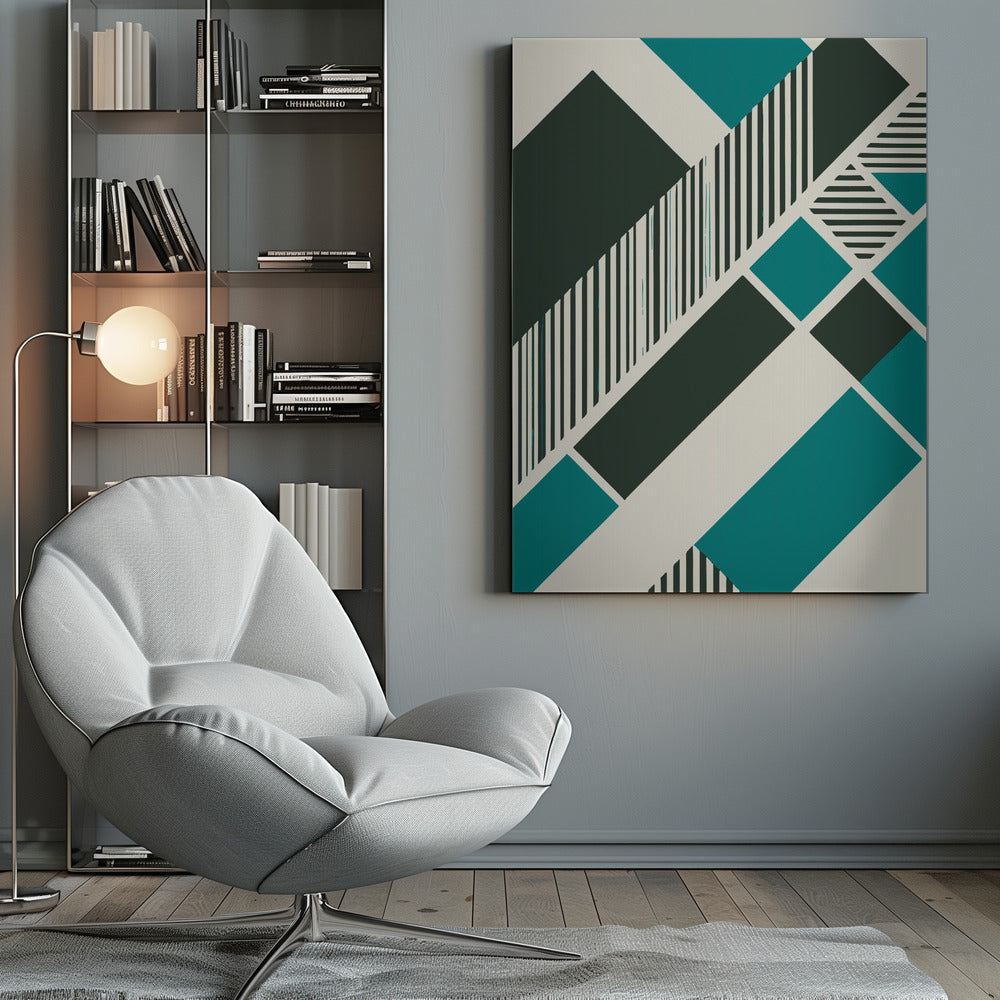An abstract geometric artwork with a diagonal composition of shapes in dark green, teal, and off-white. Some shapes are filled with vertical and horizontal black and white stripes, creating a dynamic and modern visual. The entire piece is framed in black. Print