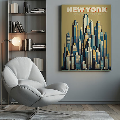 A vintage-style travel poster depicting the New York City skyline. The illustration uses a geometric, minimalist style with a color palette of blues, yellows, and off-white against a muted green sky. The words 'NEW YORK' are featured prominently at the top, with 'THE BIG APPLE • THE CITY THAT NEVER SLEEPS' underneath. Decor