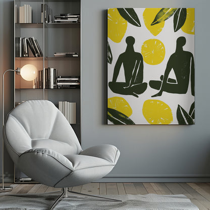 A modern, graphic illustration in a block print style, depicting two dark green human silhouettes seated amongst large yellow lemons and leaves on a white background, presented in a black frame. Decor