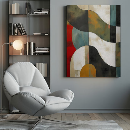 Abstract Fields No 1 art print, featuring a stylized landscape with fluid shapes and a blend of blue, green, yellow, and brown tones, reminiscent of fields. Decor