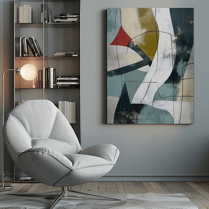 A vertical abstract painting in a black frame, featuring a composition of overlapping geometric and organic shapes in muted shades of teal, beige, olive green, and white. A small, vibrant red triangle adds a pop of color, and thin, meandering black lines are drawn over the entire canvas, giving it a collage-like feel. Artwork