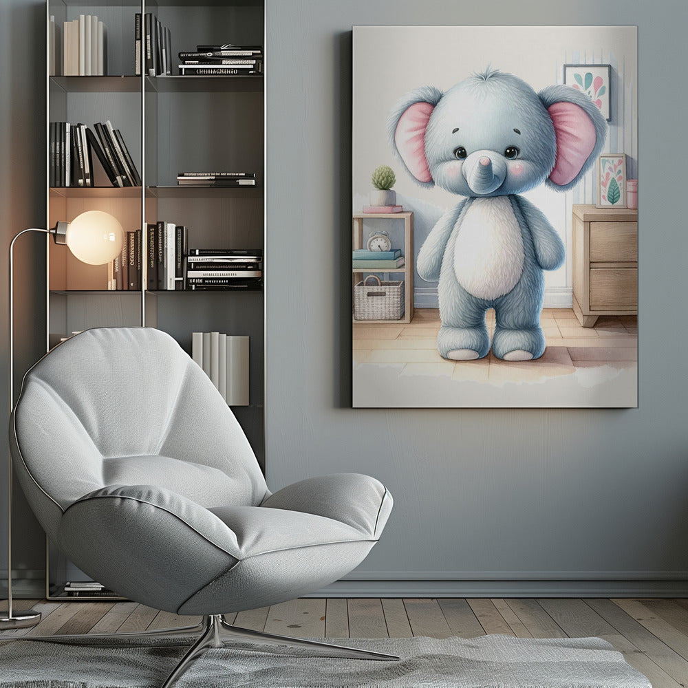 A watercolor illustration of a cute, fluffy, light blue stuffed elephant with large pink ears and a white tummy, standing in a brightly lit child's room. Artwork