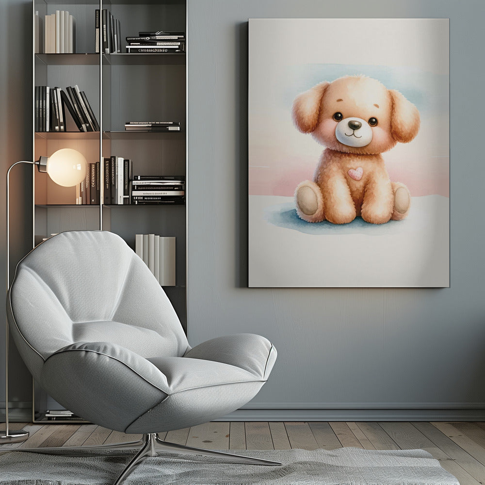 A watercolor illustration of an adorable, fluffy light brown puppy sitting down. The puppy has large, dark eyes, rosy cheeks, a gentle smile, and a small pink heart on its chest. The background is a soft wash of pastel blue and pink. The entire image is presented within a thin black frame. Decor