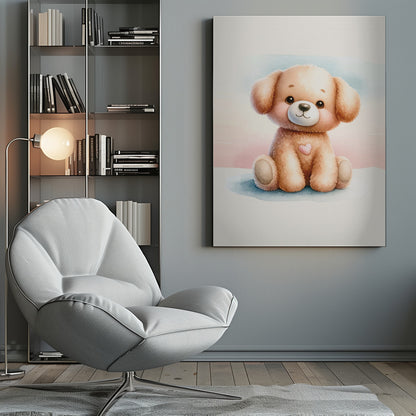 A watercolor illustration of an adorable, fluffy light brown puppy sitting down. The puppy has large, dark eyes, rosy cheeks, a gentle smile, and a small pink heart on its chest. The background is a soft wash of pastel blue and pink. The entire image is presented within a thin black frame. Decor