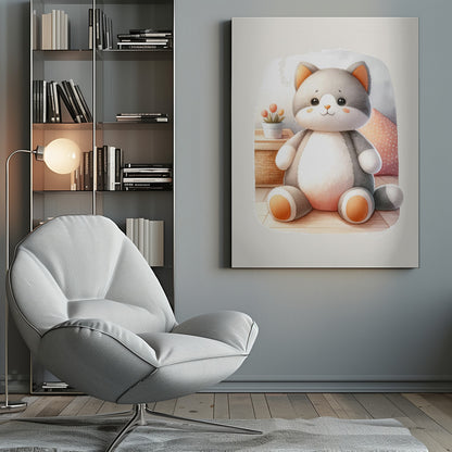 A framed watercolor illustration of a chubby, gray and white stuffed cat sitting on the floor. The cat has cute orange cheeks, ears, and paws. In the background is a small plant and a pink polka dot pillow. Poster