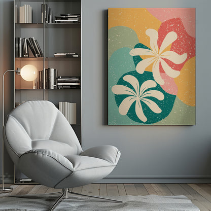 An abstract art print featuring two large, stylized, cream-colored flowers. The background is composed of layered, organic shapes in mustard yellow, teal, coral, and light green, all covered with a white speckled texture, reminiscent of terrazzo. The entire piece is enclosed in a thin black frame. Decor