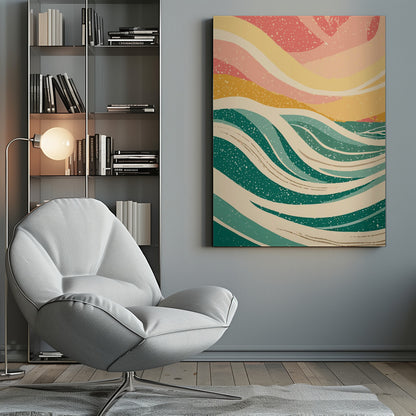 An abstract art print depicting stylized ocean waves in various shades of green and off-white. Above the waves, the sky is rendered in flowing bands of yellow, peach, and pink. The entire image has a speckled, retro texture and is enclosed in a thin black frame. Decor