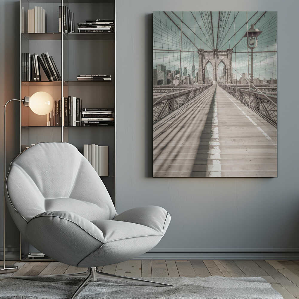 A vintage-style photograph looking down the center of the Brooklyn Bridge's wooden pedestrian walkway towards its iconic stone arches, with the New York City skyline visible in the background under a pale teal sky. The bridge's intricate network of suspension cables creates a strong sense of vanishing point perspective. Decor