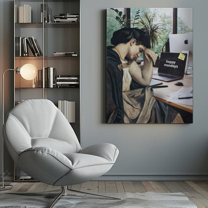 A humorous digital collage where a woman from a classical painting, looking weary and dressed in historical attire, sits at a modern office desk with a laptop that ironically reads 'happy mondays' on the screen. Artwork