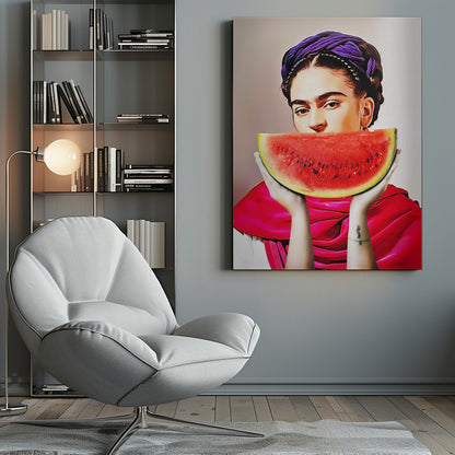 A vibrant, stylized portrait of Frida Kahlo holding a large slice of watermelon up to her mouth. She wears a purple headwrap in her dark braided hair and a bright red shawl, gazing intensely at the viewer over the fruit. Decor