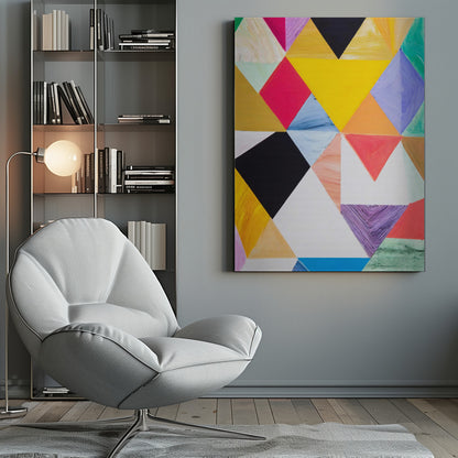 A colorful abstract painting with a geometric pattern of triangles in various hues like yellow, pink, purple, blue, green, orange, black, and white. The paint is applied thickly, showing visible brushstrokes and texture. The piece is set in a simple black frame. Poster