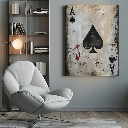 A framed piece of abstract art depicting the Ace of Spades. The painting has a distressed, grunge aesthetic with a smudged white and beige background, splattered with black ink and red paint resembling blood stains. Decor