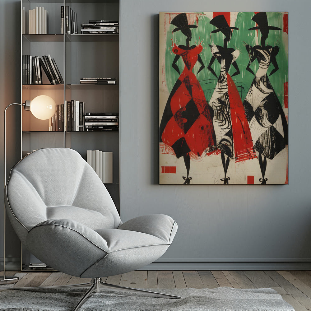 A vintage-style abstract illustration of three stylized female figures in a row. The figures are black silhouettes with large hats and full, patterned skirts. The woman on the left wears a red and black harlequin-patterned dress, while the other two wear black and white abstract-patterned dresses. The background is a textured green and off-white. Decor