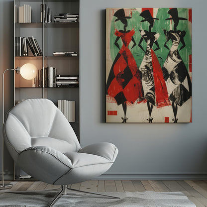 A vintage-style abstract illustration of three stylized female figures in a row. The figures are black silhouettes with large hats and full, patterned skirts. The woman on the left wears a red and black harlequin-patterned dress, while the other two wear black and white abstract-patterned dresses. The background is a textured green and off-white. Decor