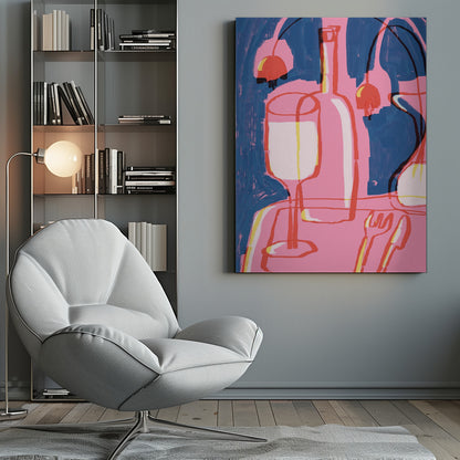 An abstract still life painting featuring a vibrant pink table setting against a deep blue background. The composition includes the overlapping red and yellow outlines of a wine glass, a bottle, and cutlery. Abstract red shapes resembling cherries or lamps hang in the background, adding to the modern and expressive feel. Poster